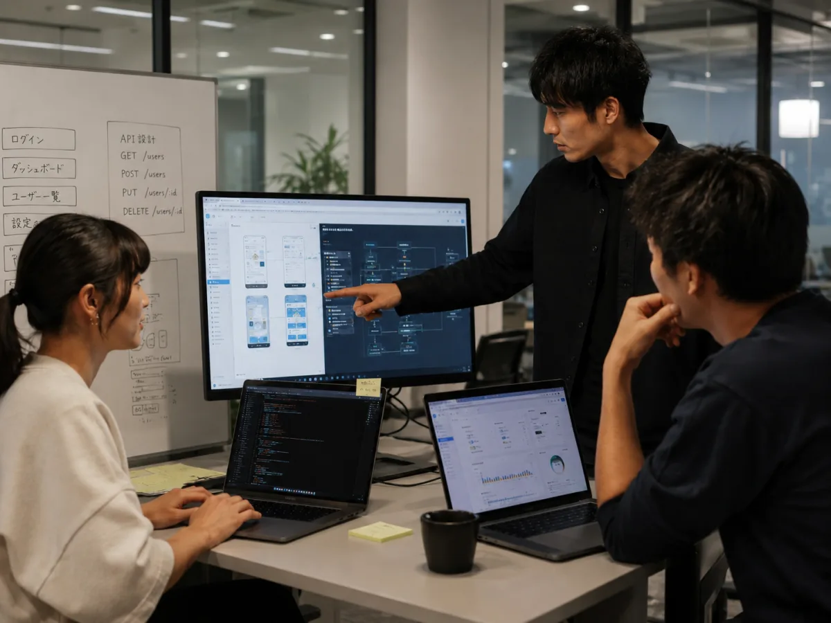 ホワイトボードのAPI設計をもとにシステムの画面設計をレビューしている様子