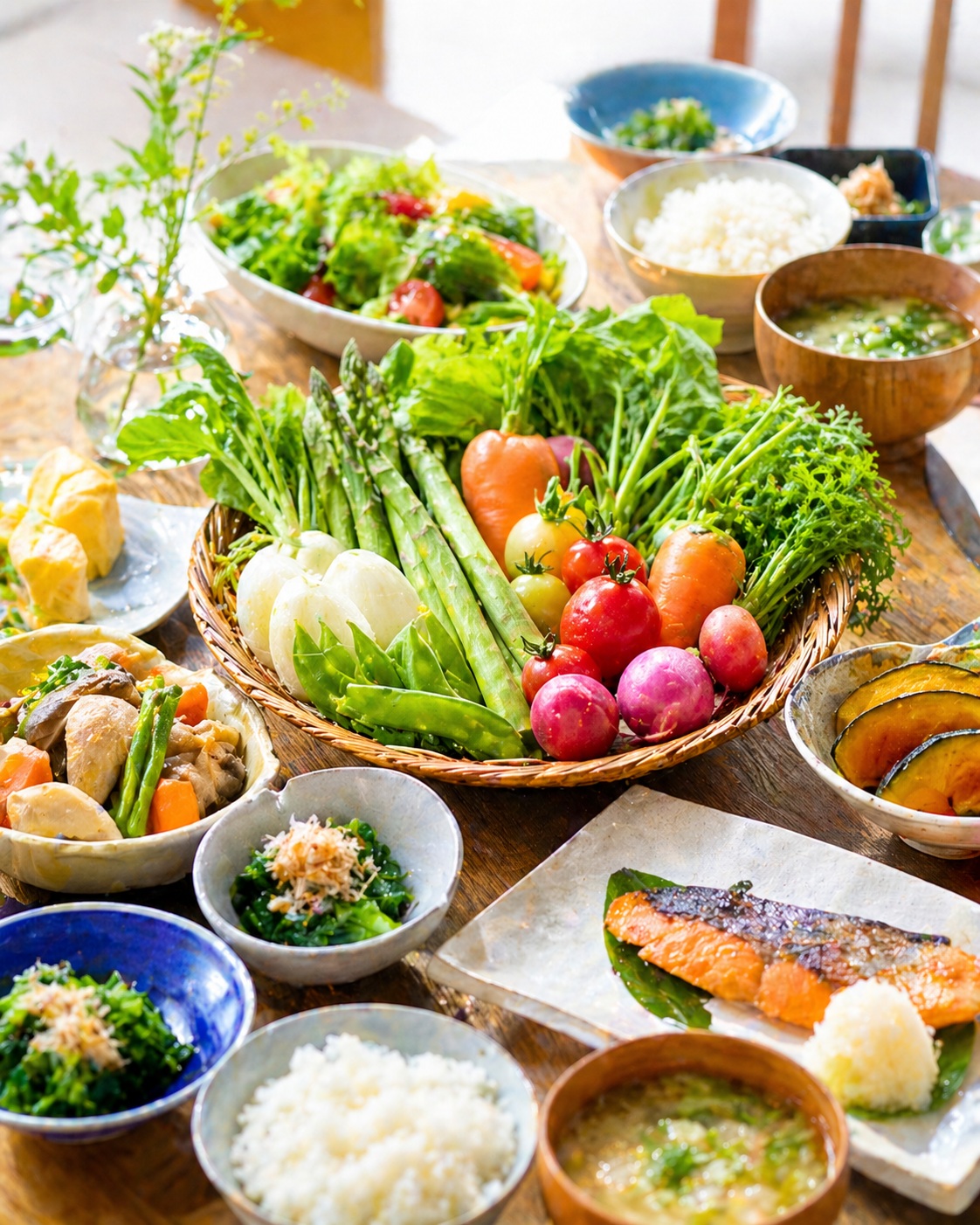 旬の野菜を盛り付けた豊かな食卓
